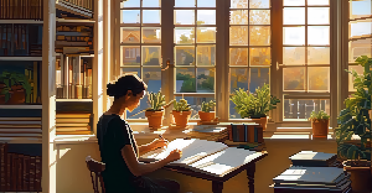 A person journaling by a window during sunset, surrounded by books and plants, with warm golden light illuminating the scene.