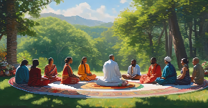 A diverse group of people sitting in a circle in a lush green forest, participating in a ceremony with colorful fabrics and natural elements around them.