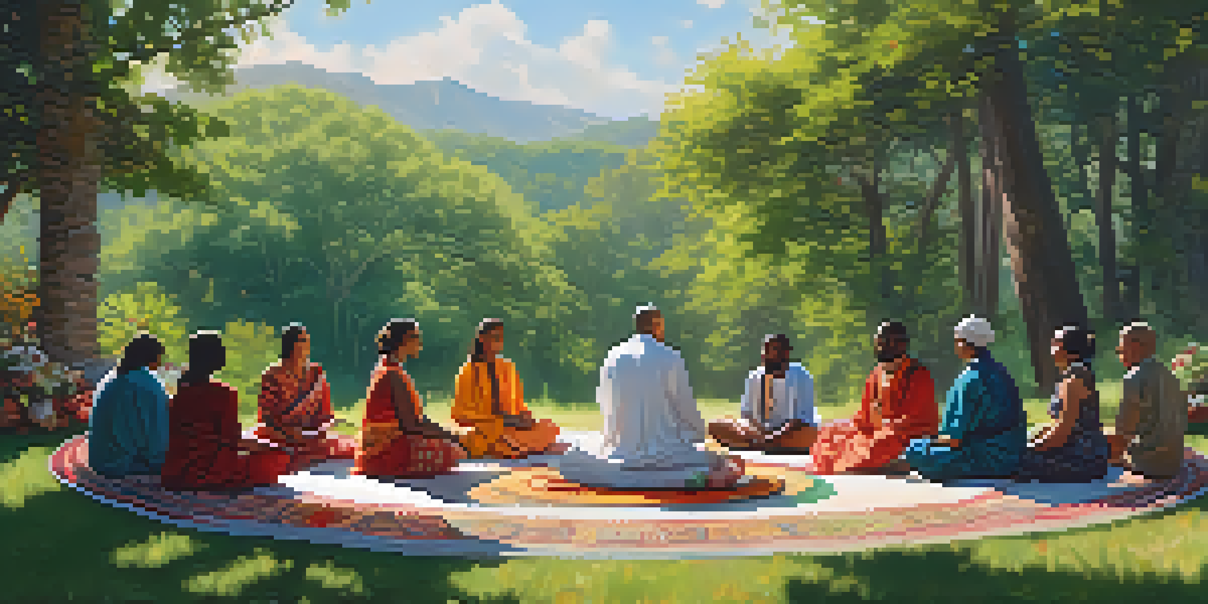 A diverse group of people sitting in a circle in a lush green forest, participating in a ceremony with colorful fabrics and natural elements around them.