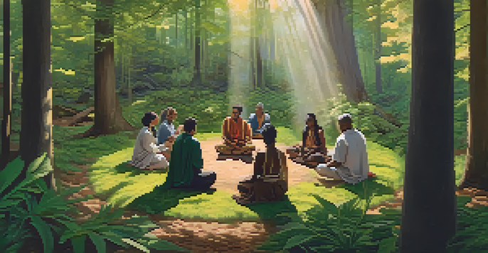 A group of diverse individuals sitting in a circle in a forest, participating in a communal ceremony with traditional plant medicines, surrounded by lush green trees and soft sunlight.