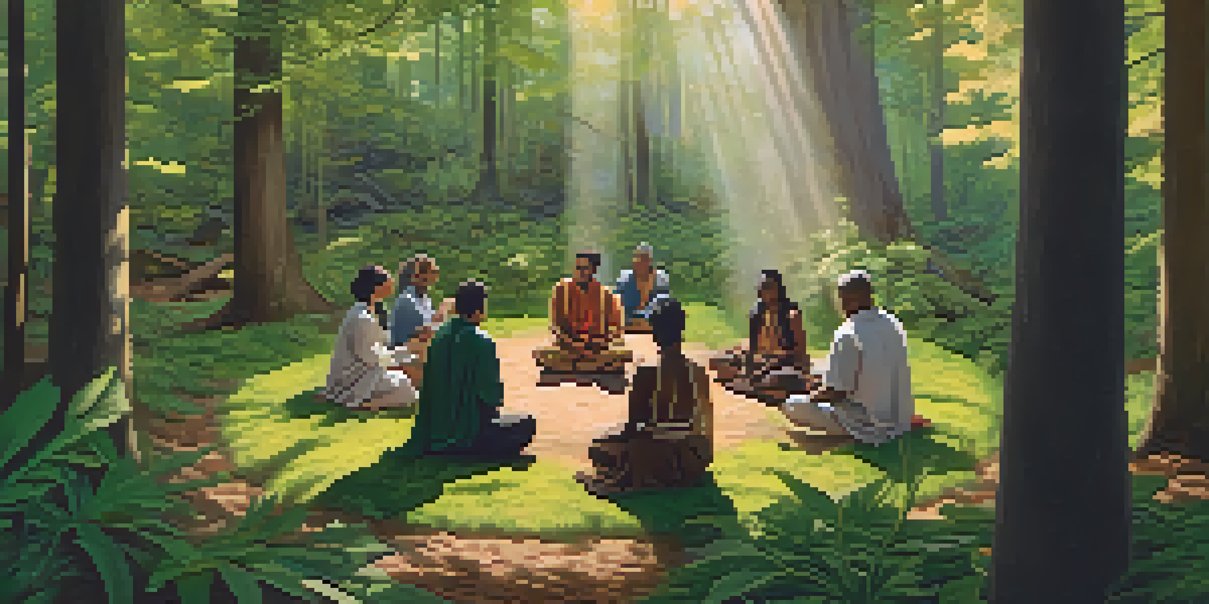 A group of diverse individuals sitting in a circle in a forest, participating in a communal ceremony with traditional plant medicines, surrounded by lush green trees and soft sunlight.