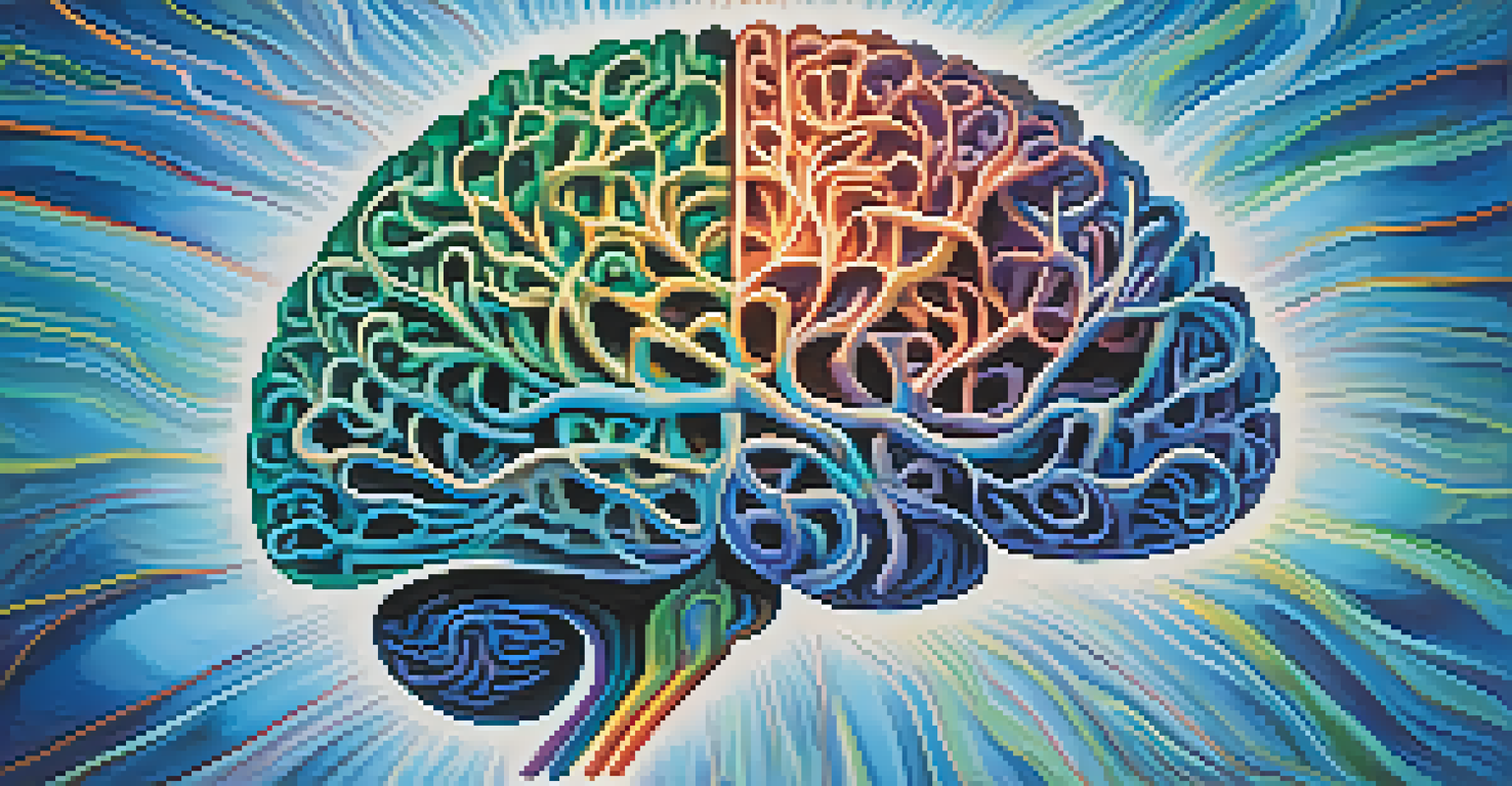 An abstract representation of a brain with vibrant colors symbolizing neuroplasticity, set against a blue and green gradient background.