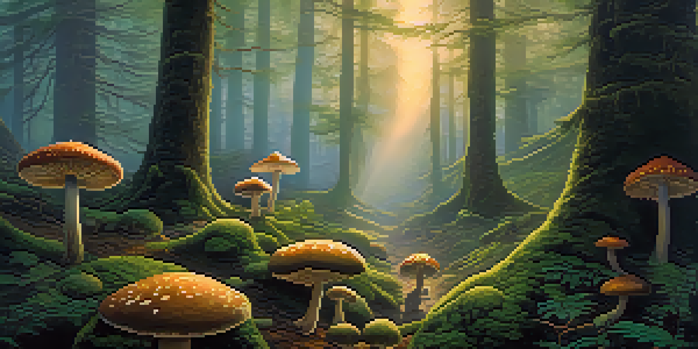 A tranquil forest at sunrise with mist and colorful mushrooms in the foreground.