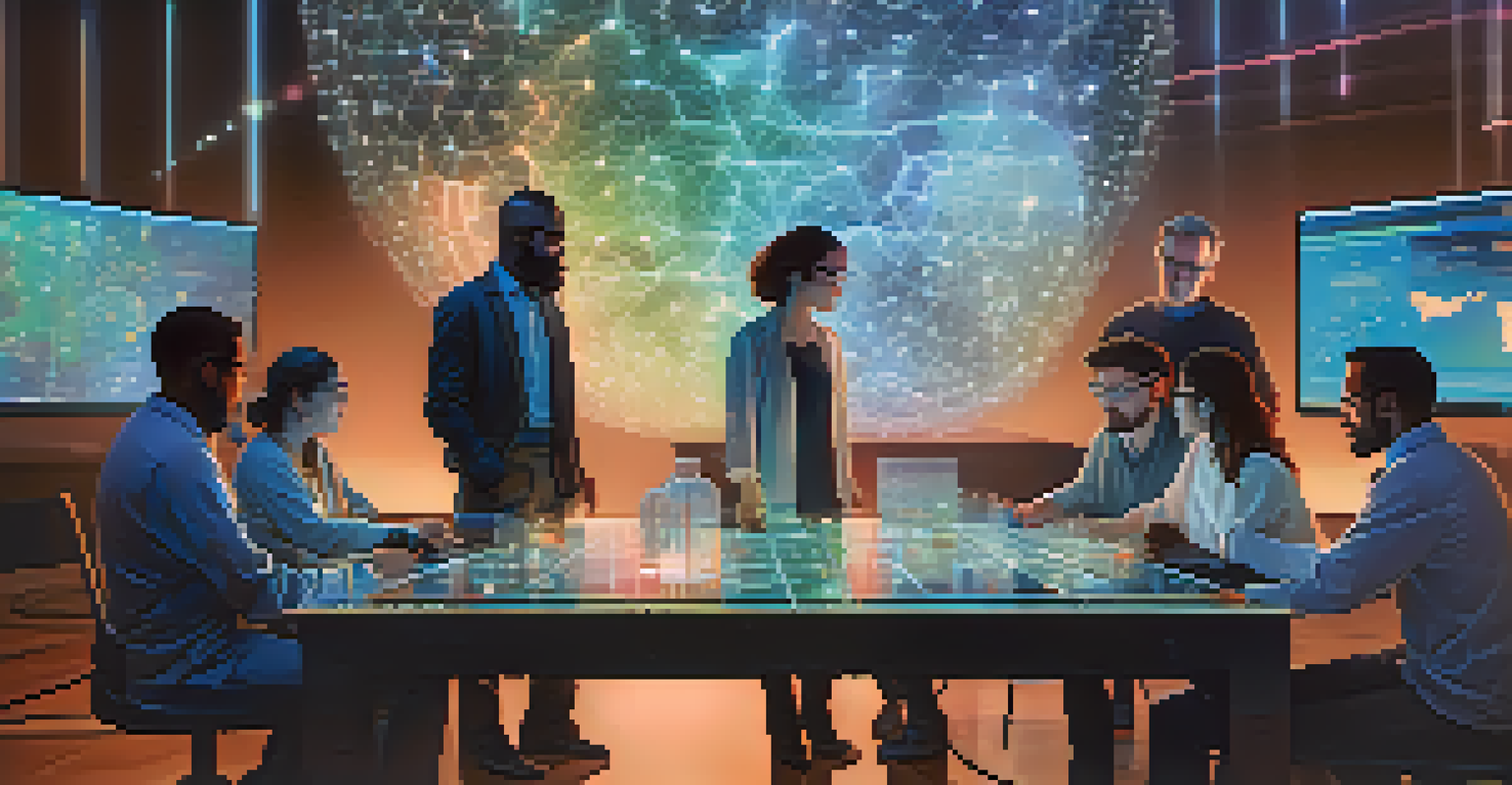 A group of diverse researchers collaborating with holographic blockchain data displays in a high-tech laboratory.