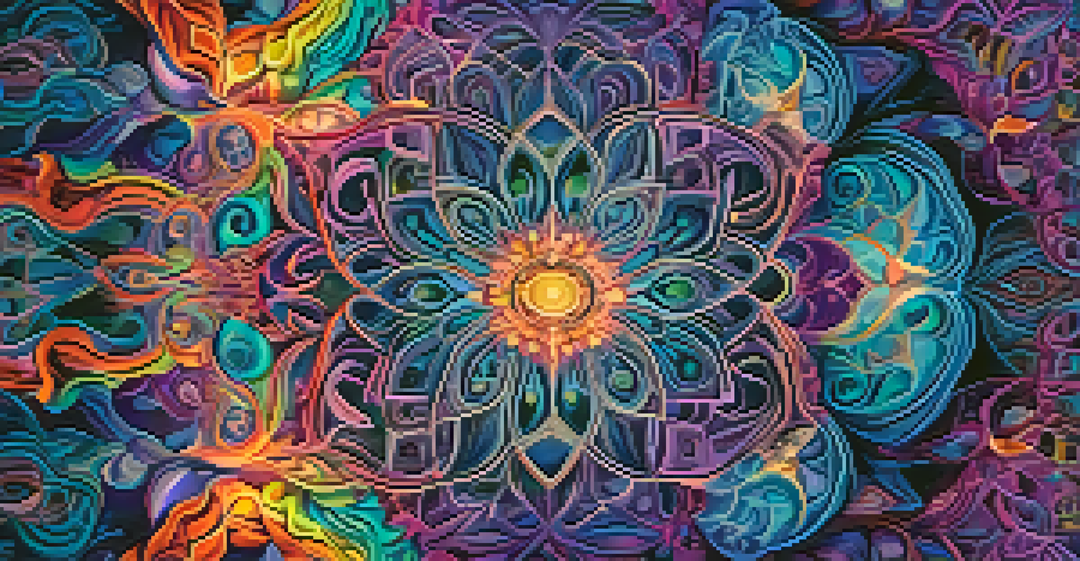 A colorful and intricate abstract representation of DMT-inspired visuals, with swirling shapes and fractal designs in a dreamlike atmosphere.