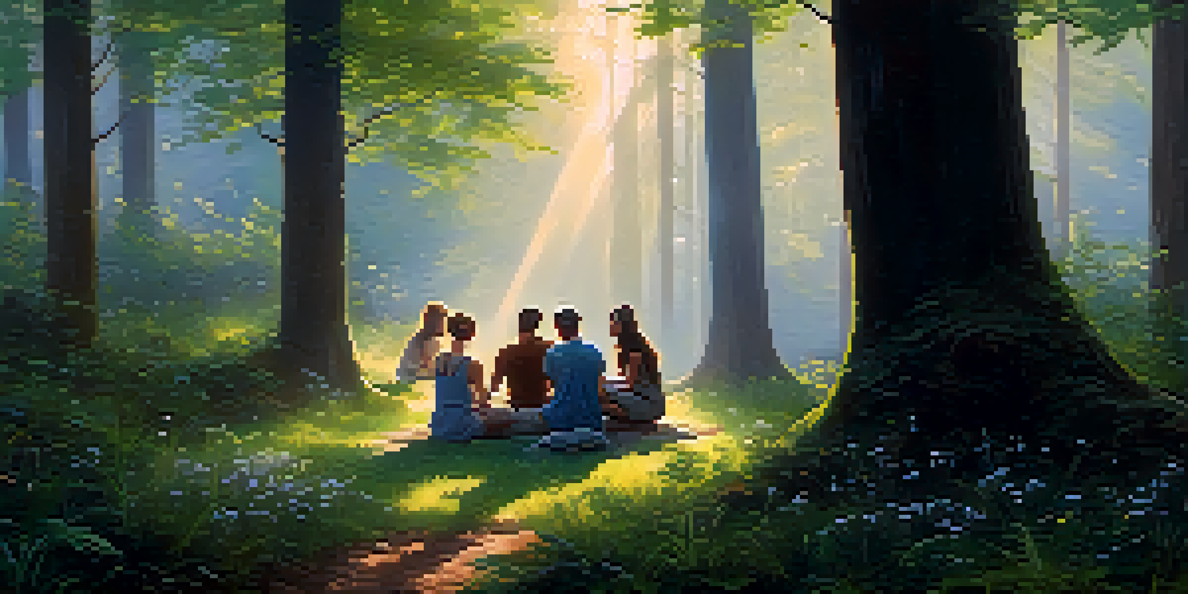 A peaceful forest scene at dawn with a group of diverse people sitting in a circle on the forest floor, discussing respectfully amidst lush greenery and light mist.
