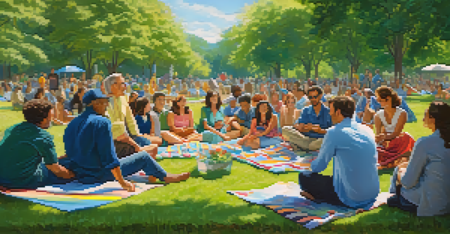 A diverse group of people in a sunny park engaged in a lively discussion, surrounded by colorful blankets and banners, with greenery and blue skies in the background.