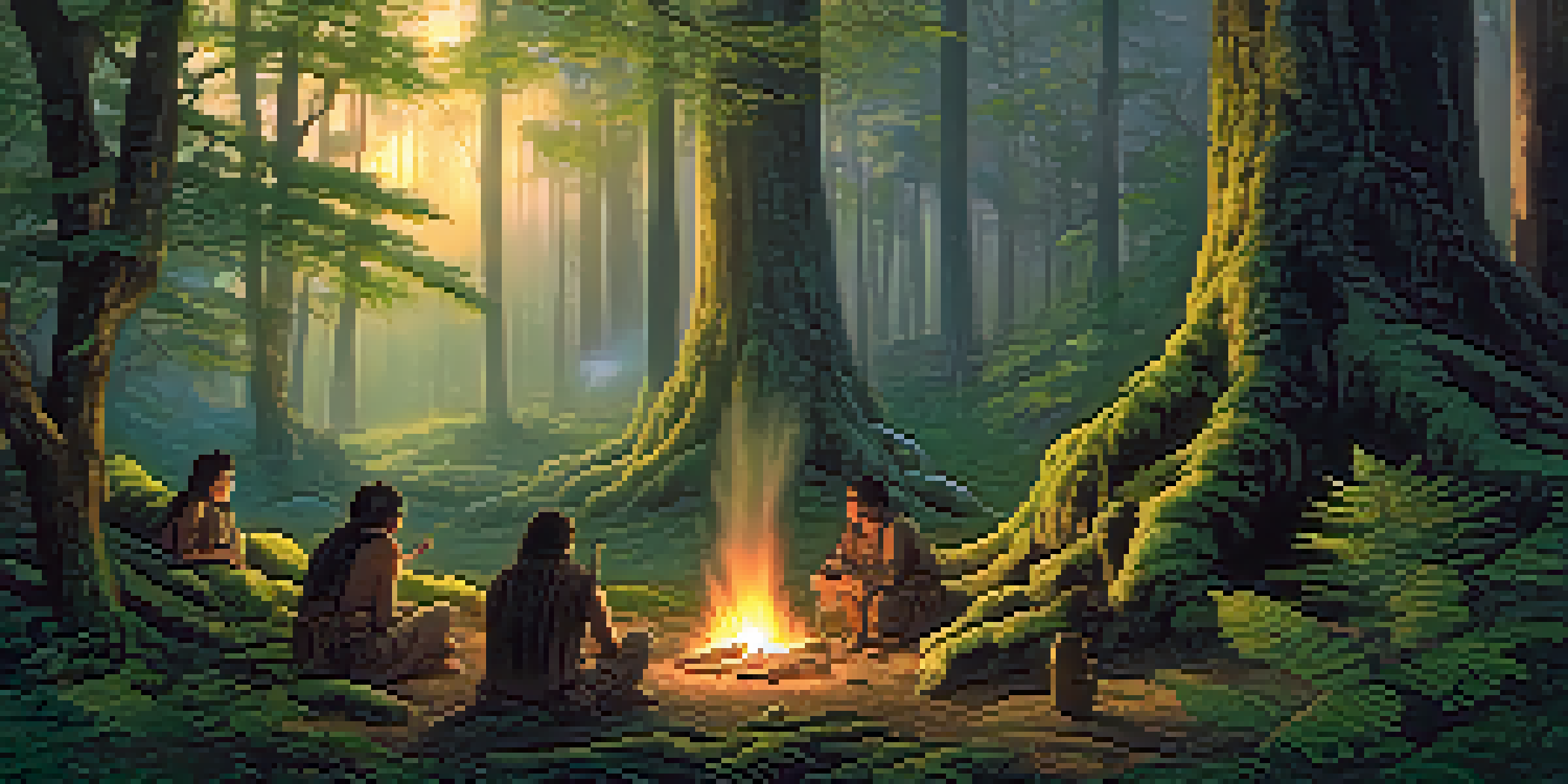A peaceful ancient forest at dusk with indigenous people gathered around a fire, surrounded by lush trees and vibrant foliage.