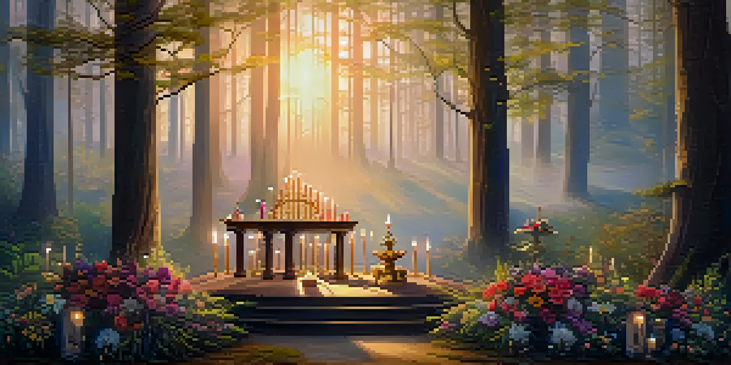 A peaceful forest with a wooden altar decorated with flowers and candles, illuminated by the soft light of sunrise.