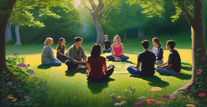 A diverse group of individuals meditating in a lush green forest during sunrise, with golden light filtering through the trees.