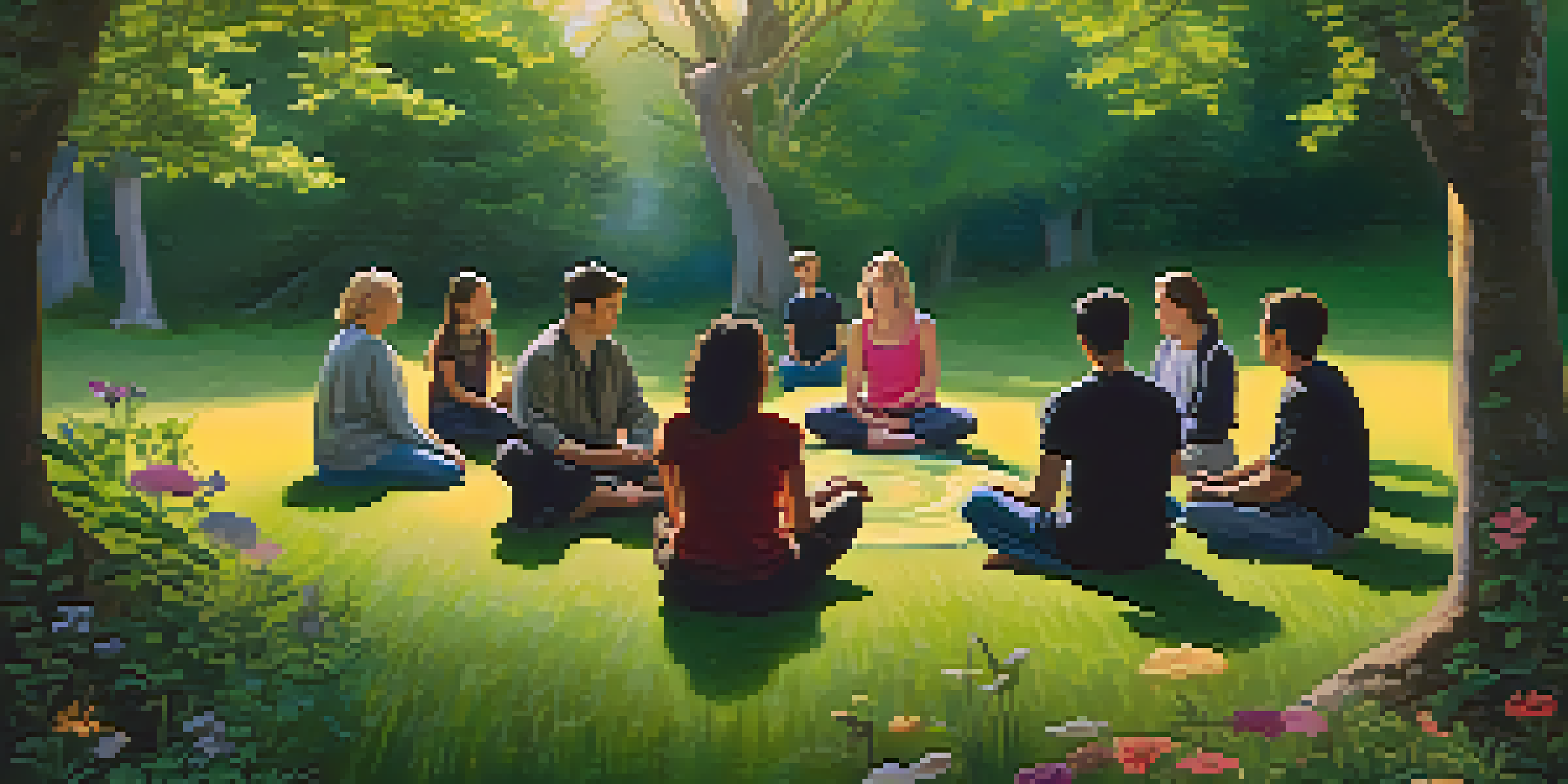 A diverse group of individuals meditating in a lush green forest during sunrise, with golden light filtering through the trees.