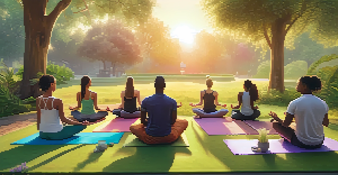 A diverse group practicing yoga in a park at sunset, with colorful mats and cannabis plants around them.