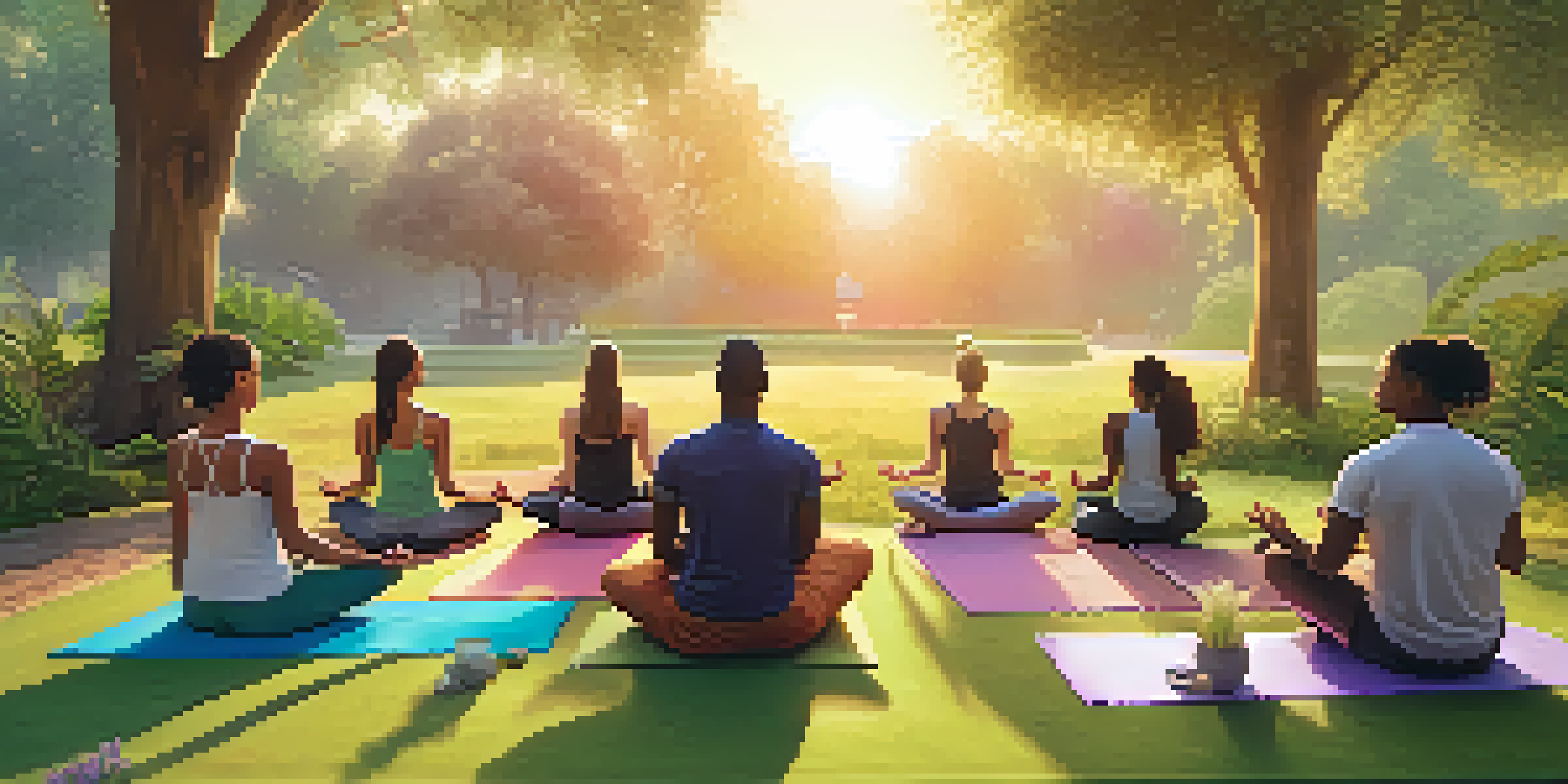 A diverse group practicing yoga in a park at sunset, with colorful mats and cannabis plants around them.