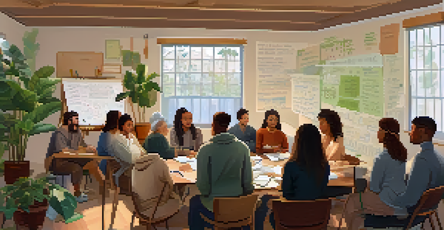 A cozy workshop setting with diverse individuals around a table, engaged in discussion about responsible entheogen use, with books and plants in the background.