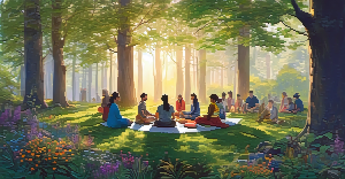 A peaceful forest at dawn with diverse people sitting in a circle, sharing stories amidst lush greenery and wildflowers.