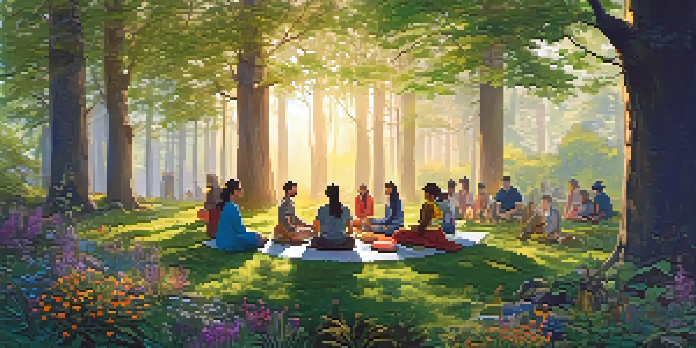 A peaceful forest at dawn with diverse people sitting in a circle, sharing stories amidst lush greenery and wildflowers.