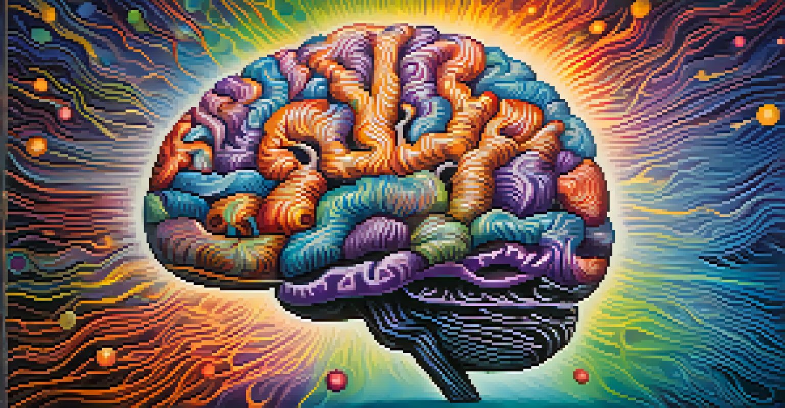 An artistic depiction of the brain with vibrant colors and patterns, symbolizing transformation and exploration in therapy.