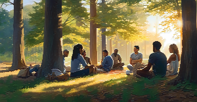 A group of diverse individuals sitting in a circle in a forest during sunset, engaging in deep conversation with open expressions.
