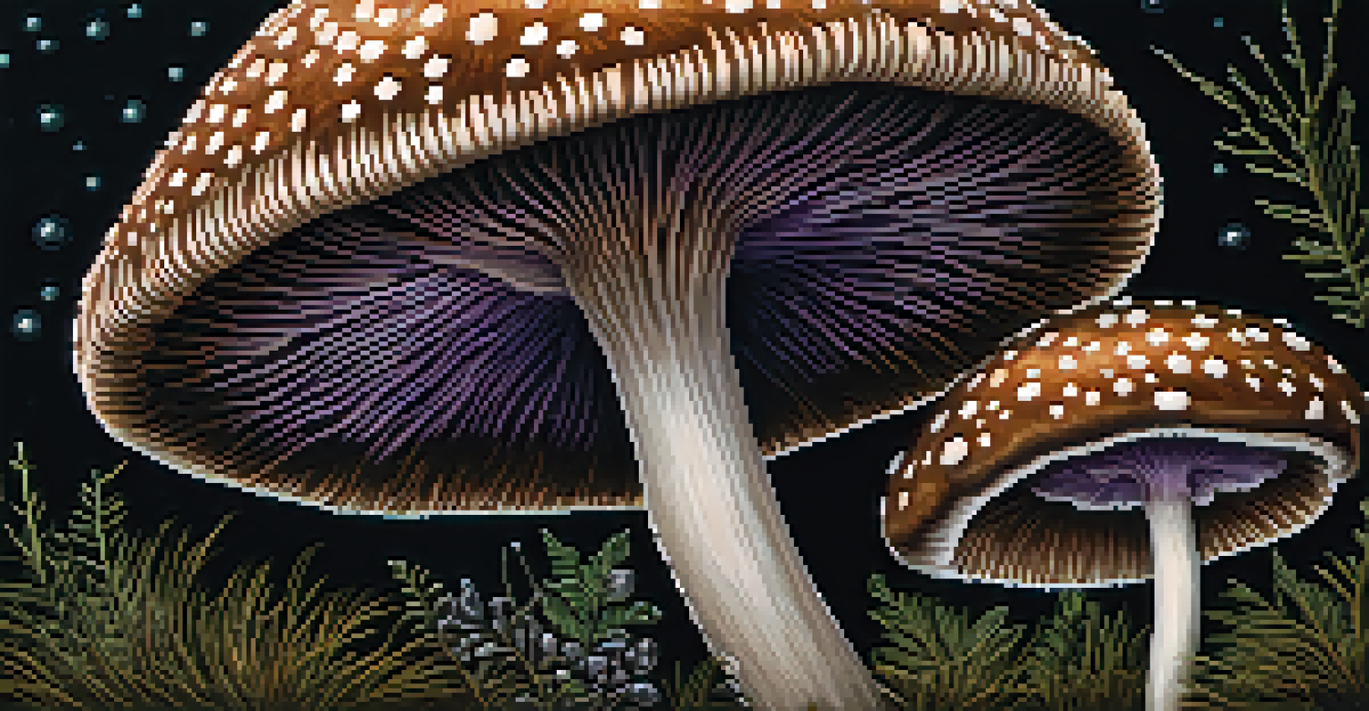 A close-up of a psilocybin mushroom with a rich brown cap and visible gills, set against a dark textured background.