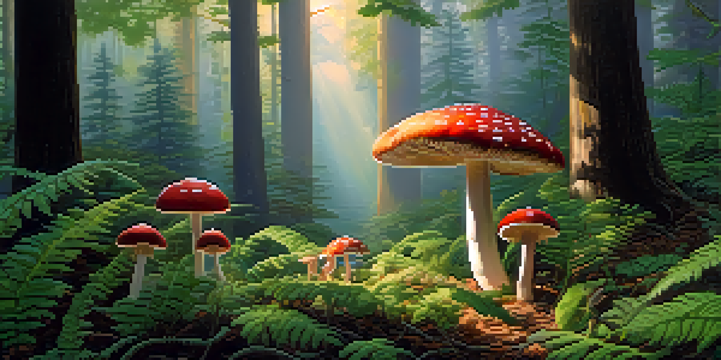 A tranquil forest at dawn with sunlight illuminating mushrooms and ferns.
