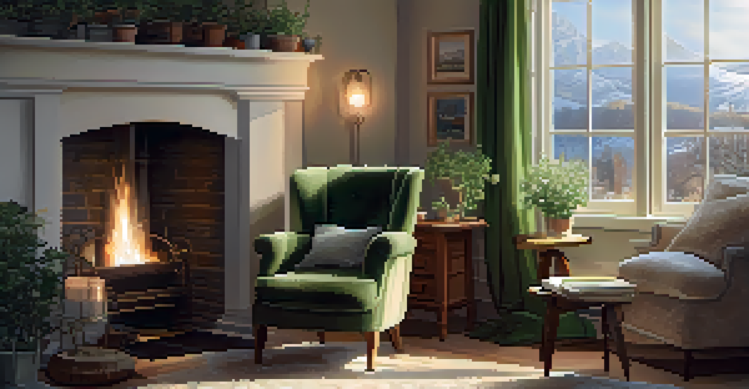 A warm indoor setting with an armchair, a cup of tea, an open book, and a view of a snowy landscape.