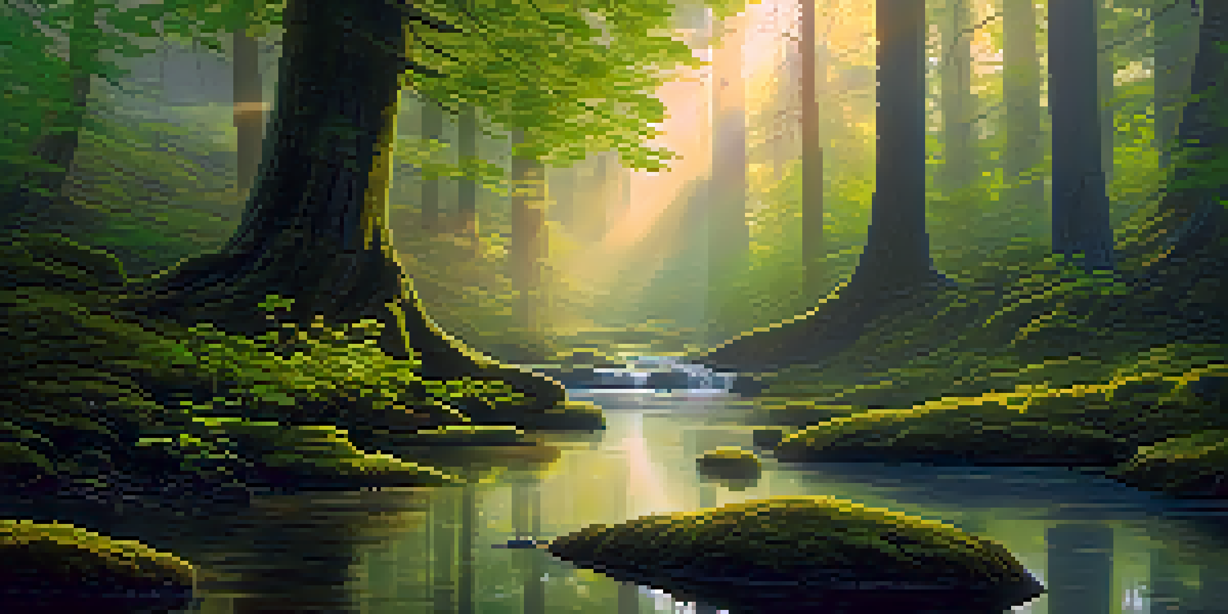 A tranquil forest at dawn with mist, sunlight filtering through trees, and psilocybin mushrooms peeking from the moss.