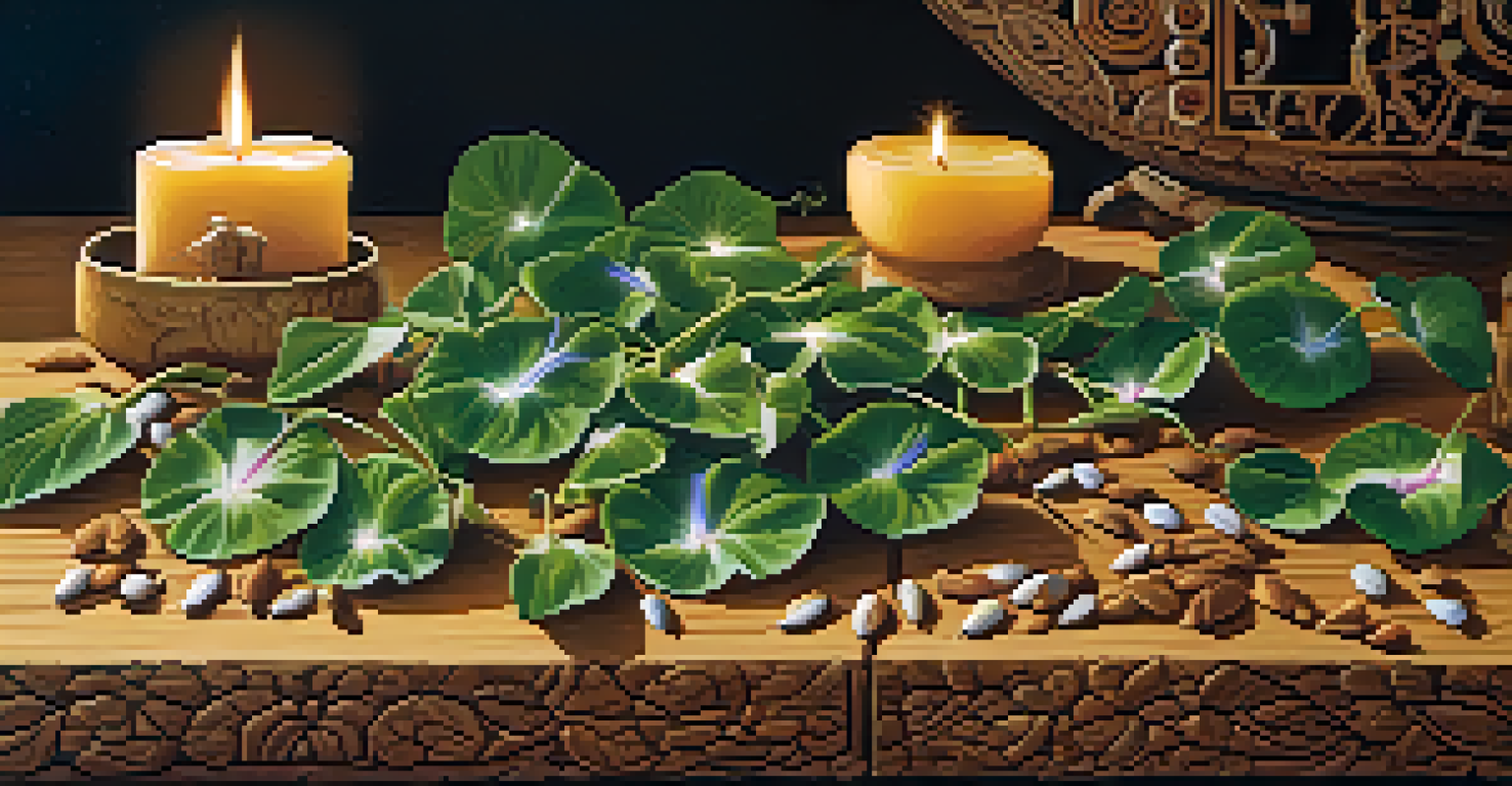 A detailed view of morning glory seeds on an elaborately carved wooden altar, illuminated by soft candlelight.