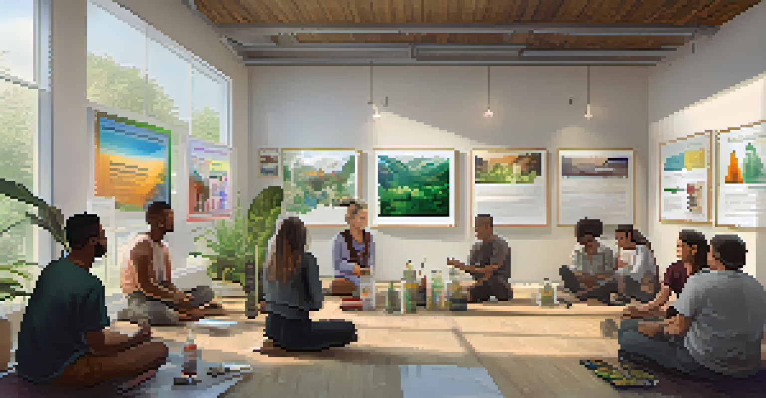 A workshop with people learning about entheogenic products, surrounded by educational materials.