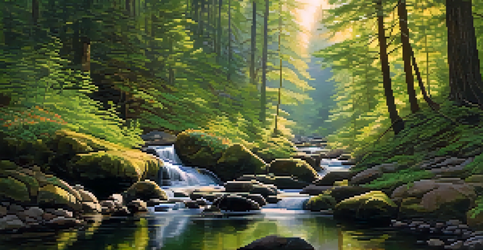 A peaceful forest with sunlight shining through leaves, a stream flowing, and ferns in the foreground.