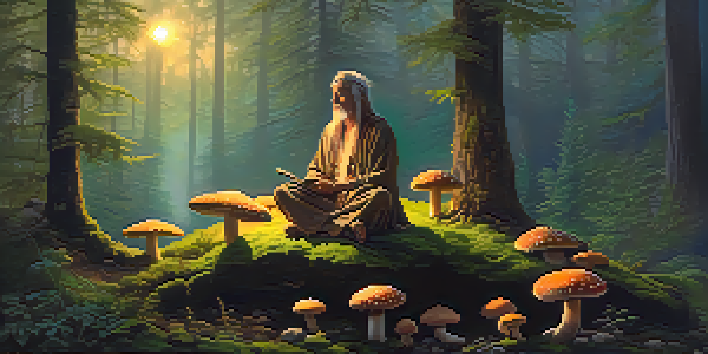A shaman sitting in a forest at twilight, surrounded by glowing mushrooms and fireflies, with soft warm colors.