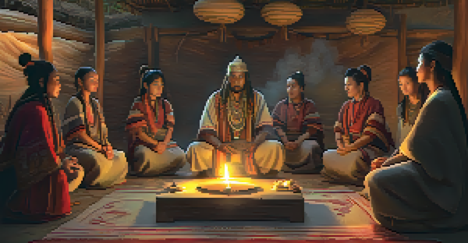 A shaman leading a spiritual ritual in a candle-lit room, with participants listening attentively and holding ceremonial objects.