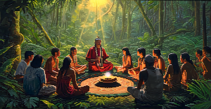 A shaman leading an ayahuasca ceremony surrounded by participants in a lush rainforest setting, with soft light filtering through the trees.