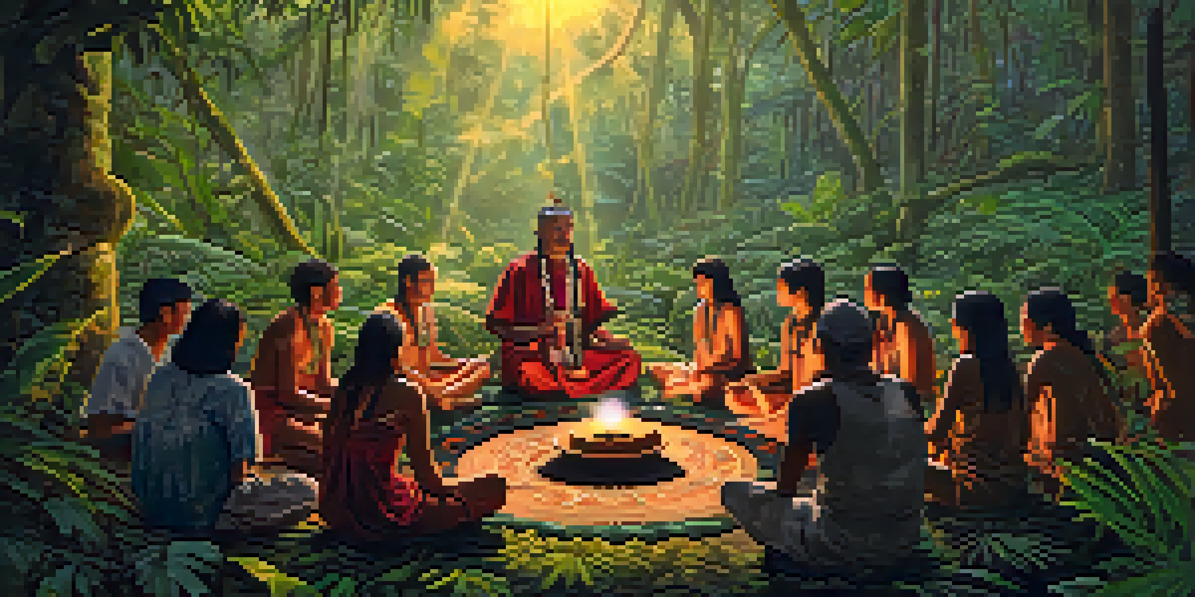 A shaman leading an ayahuasca ceremony surrounded by participants in a lush rainforest setting, with soft light filtering through the trees.