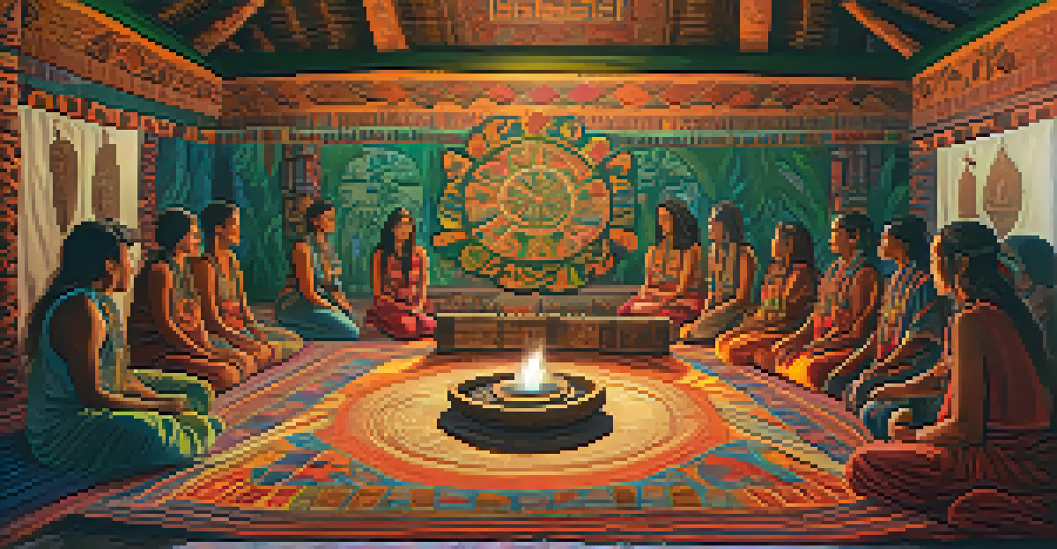 A cozy ayahuasca ceremony space with natural light, decorated with woven tapestries, featuring a shaman and participants seated on cushions.