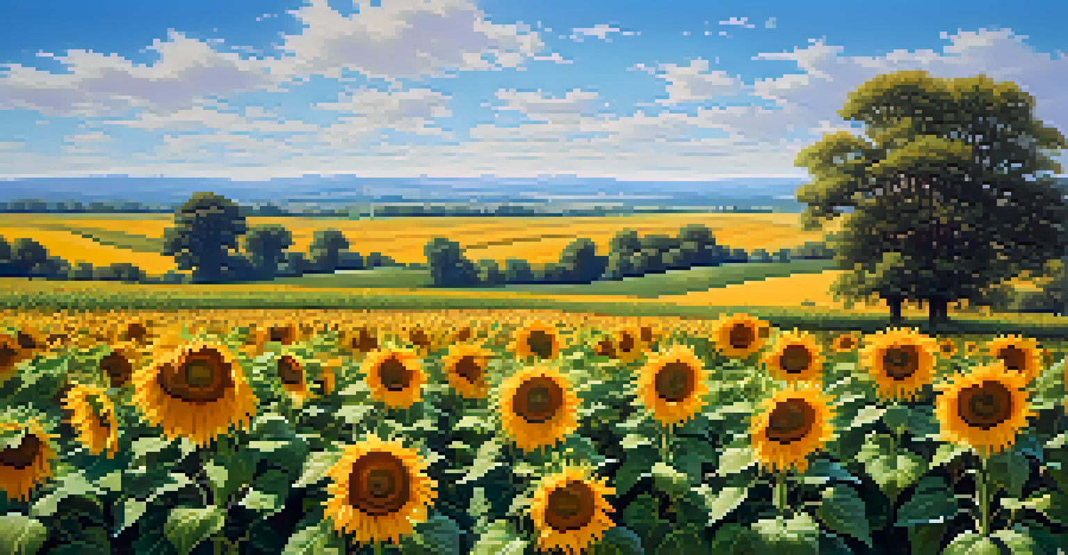 A vibrant field of blooming sunflowers under a clear blue sky, surrounded by rolling hills.