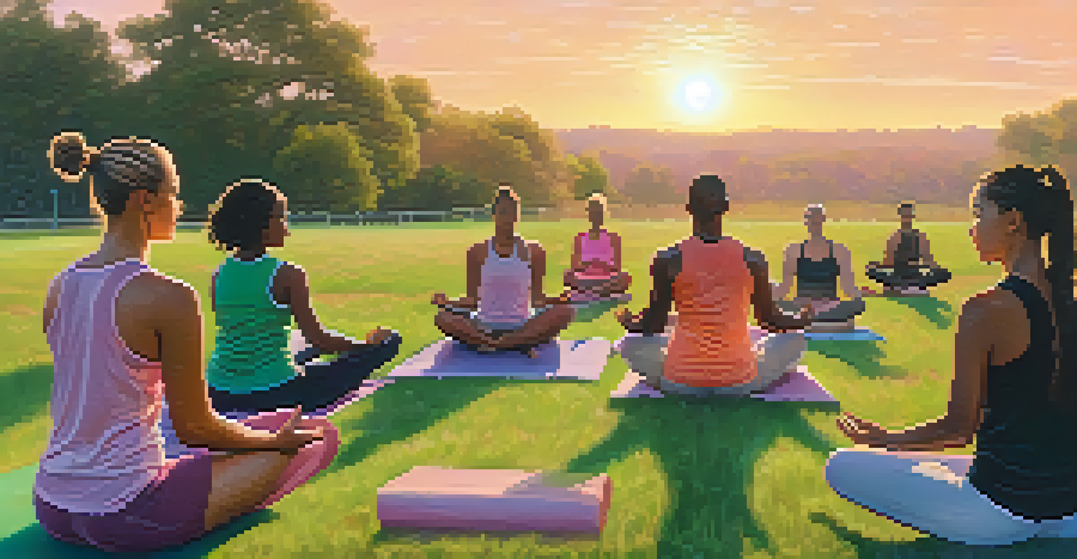 Diverse athletes practicing yoga at sunset in a grassy field, with warm colors in the sky.