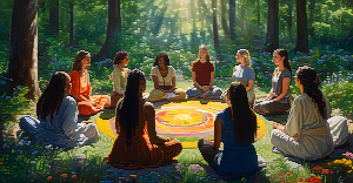 A diverse group of women in a forest, sitting in a circle and sharing stories, with vibrant greenery around them.