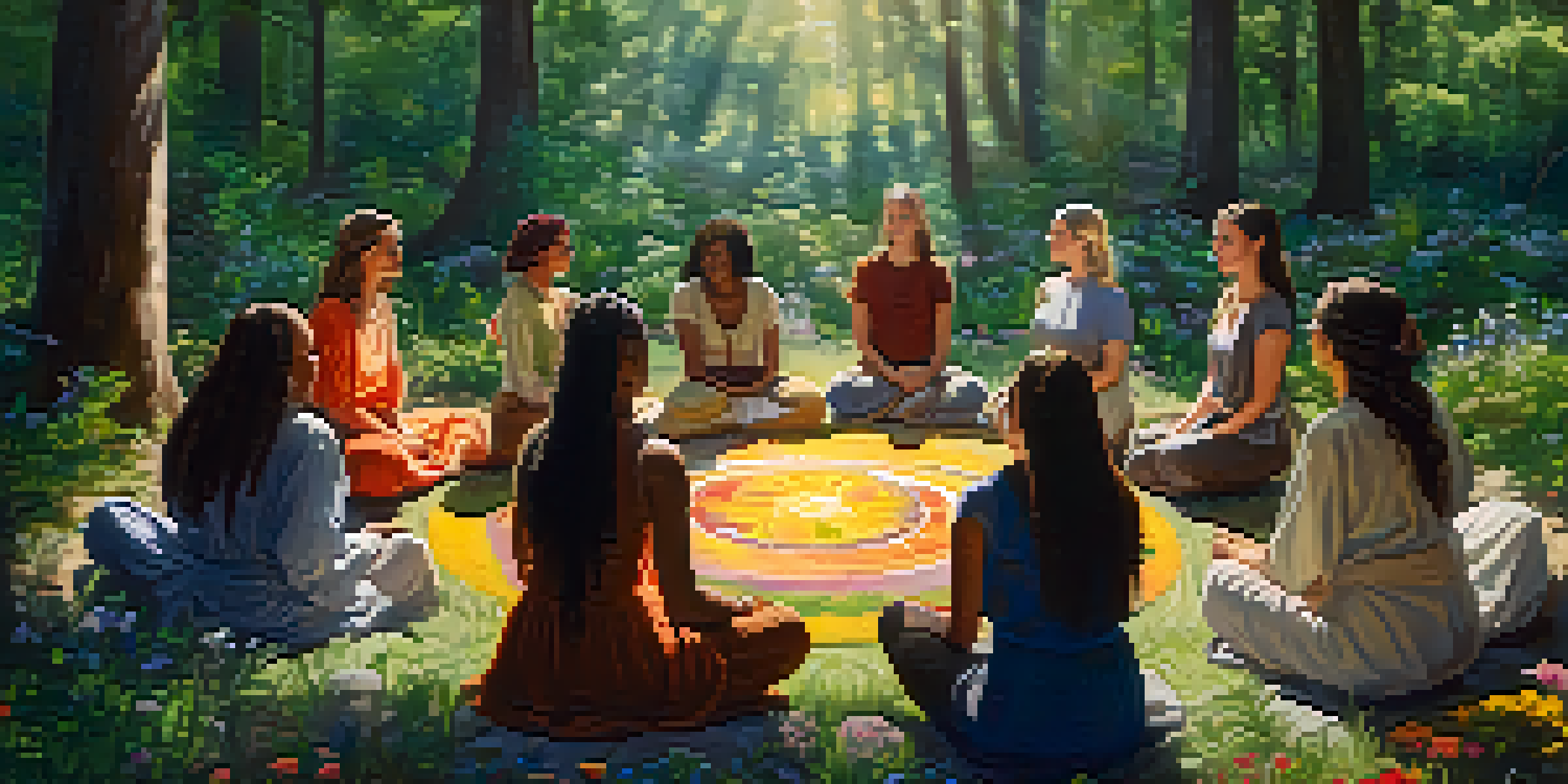 A diverse group of women in a forest, sitting in a circle and sharing stories, with vibrant greenery around them.