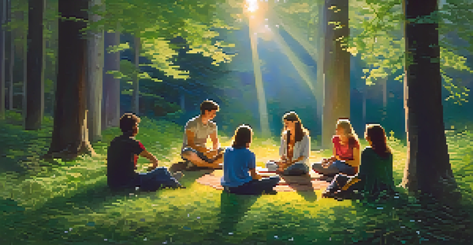 A peaceful forest at twilight with a group of people in a circle, reflecting amidst green foliage and wildflowers.