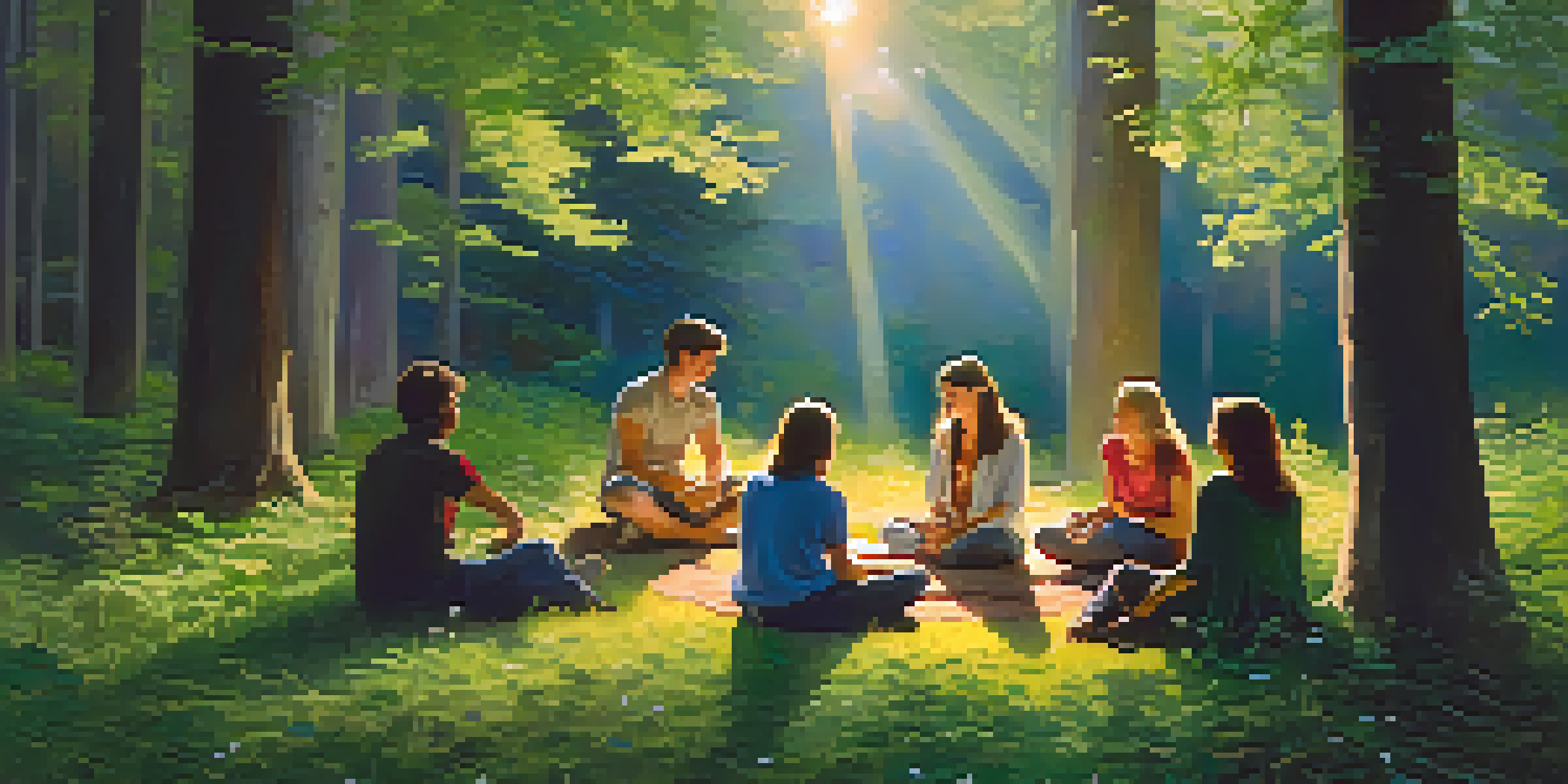 A peaceful forest at twilight with a group of people in a circle, reflecting amidst green foliage and wildflowers.
