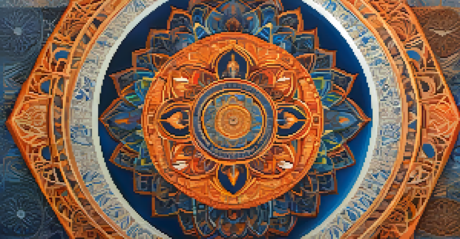 An artistic mandala surrounded by cultural symbols representing entheogens, with vibrant colors against a gradient background.