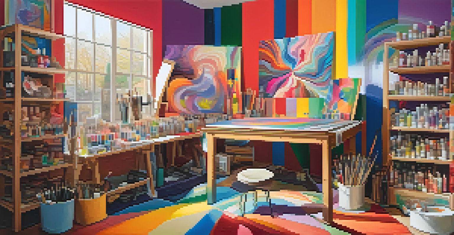 An artist's studio with an abstract painting of a colorful and psychedelic landscape on the canvas.