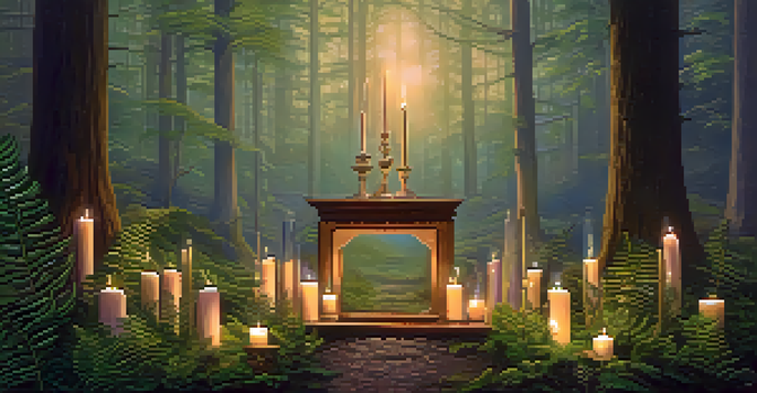 A tranquil forest at dawn with sunlight filtering through trees and a wooden altar surrounded by candles and crystals.