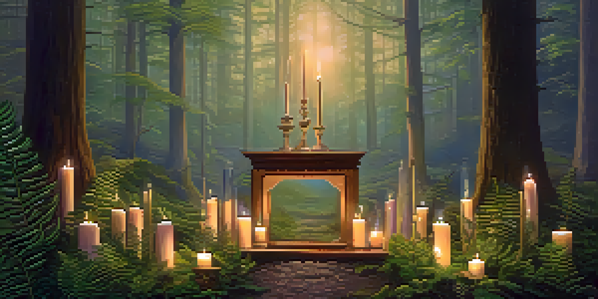 A tranquil forest at dawn with sunlight filtering through trees and a wooden altar surrounded by candles and crystals.