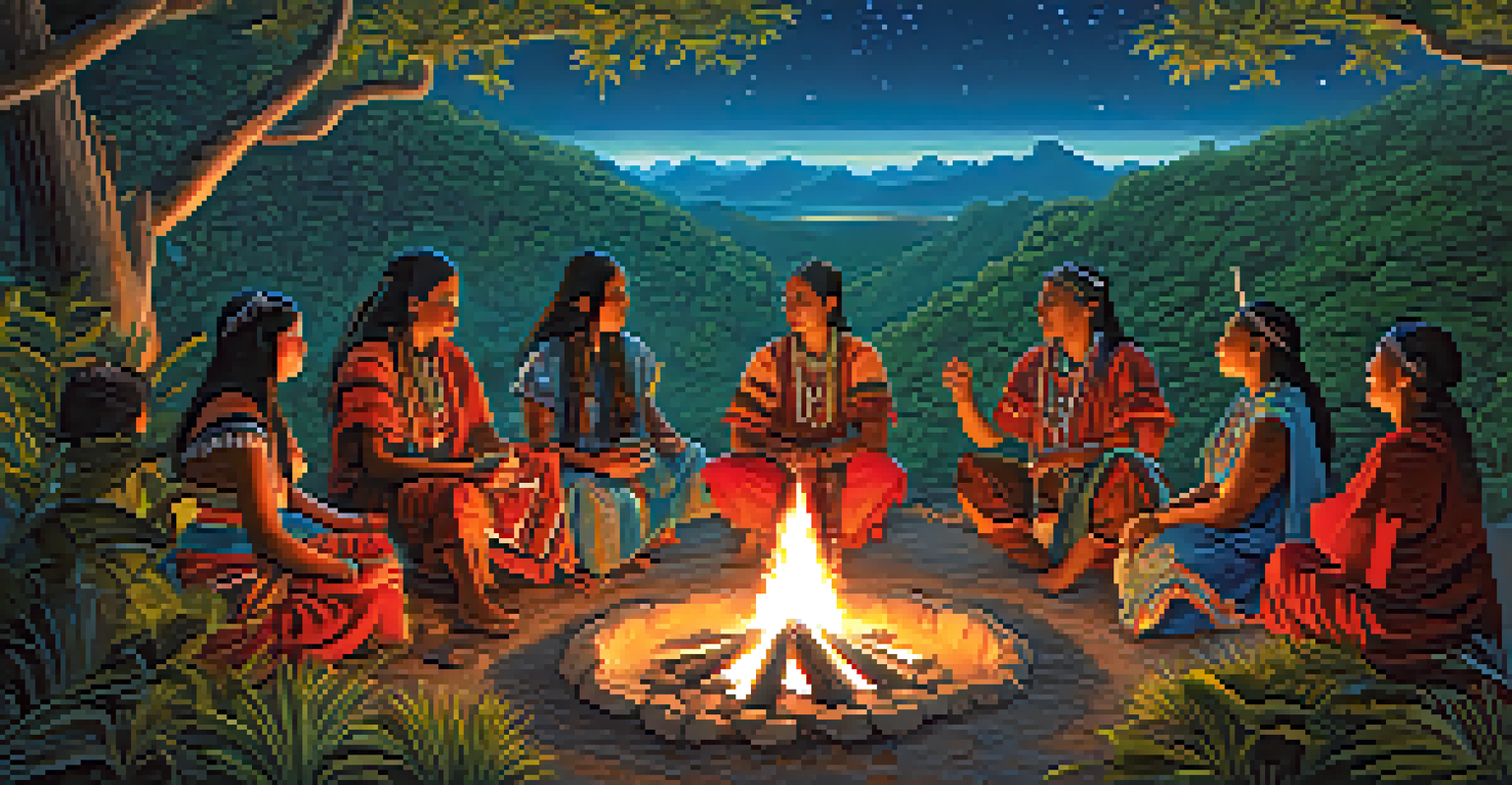 A depiction of Indigenous ceremonies around a fire with people in traditional attire and a starlit sky in the background.