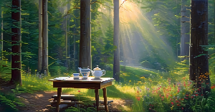 A peaceful forest scene with sunlight, a wooden table, and a cup of tea surrounded by wildflowers.