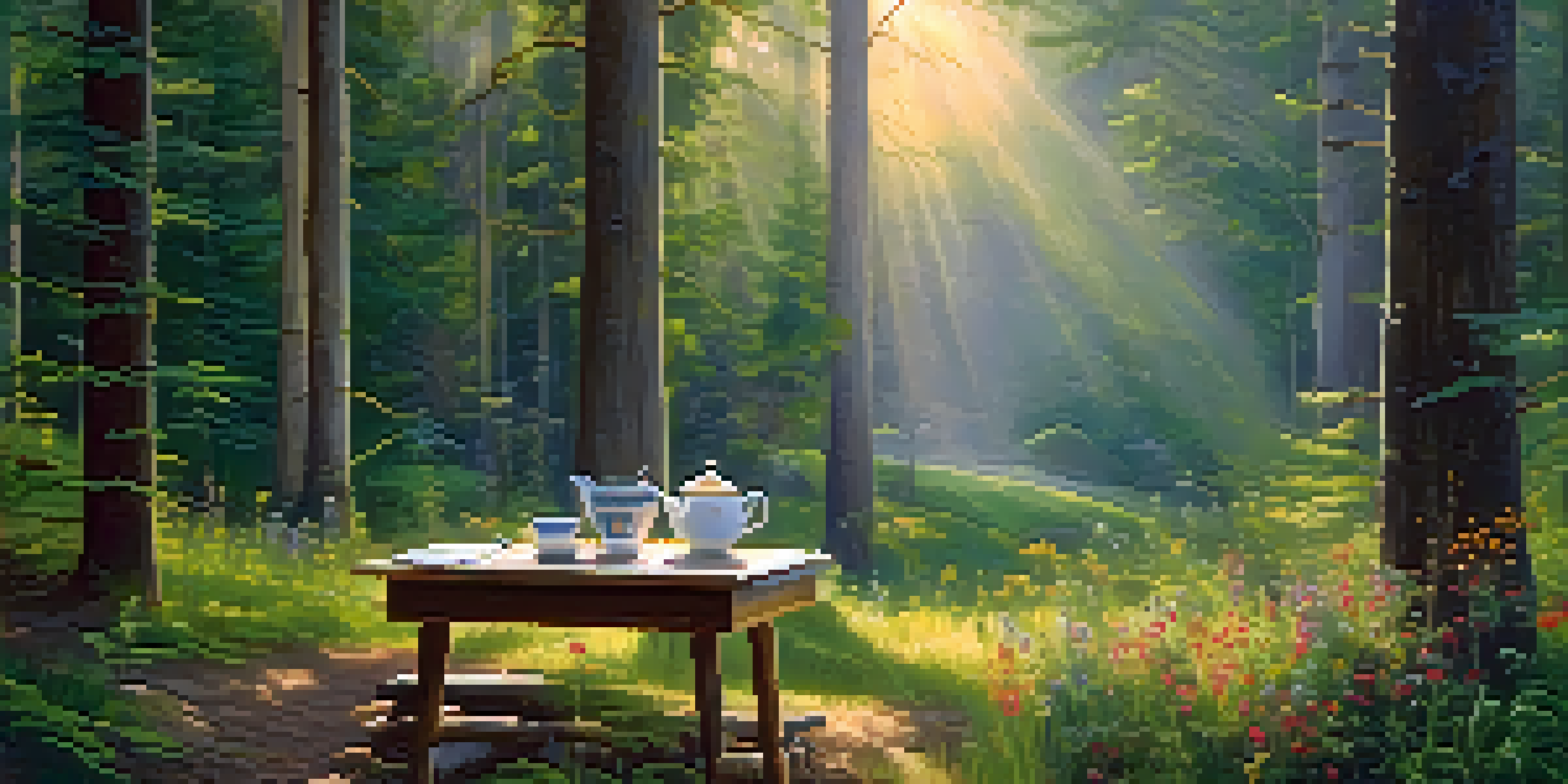 A peaceful forest scene with sunlight, a wooden table, and a cup of tea surrounded by wildflowers.
