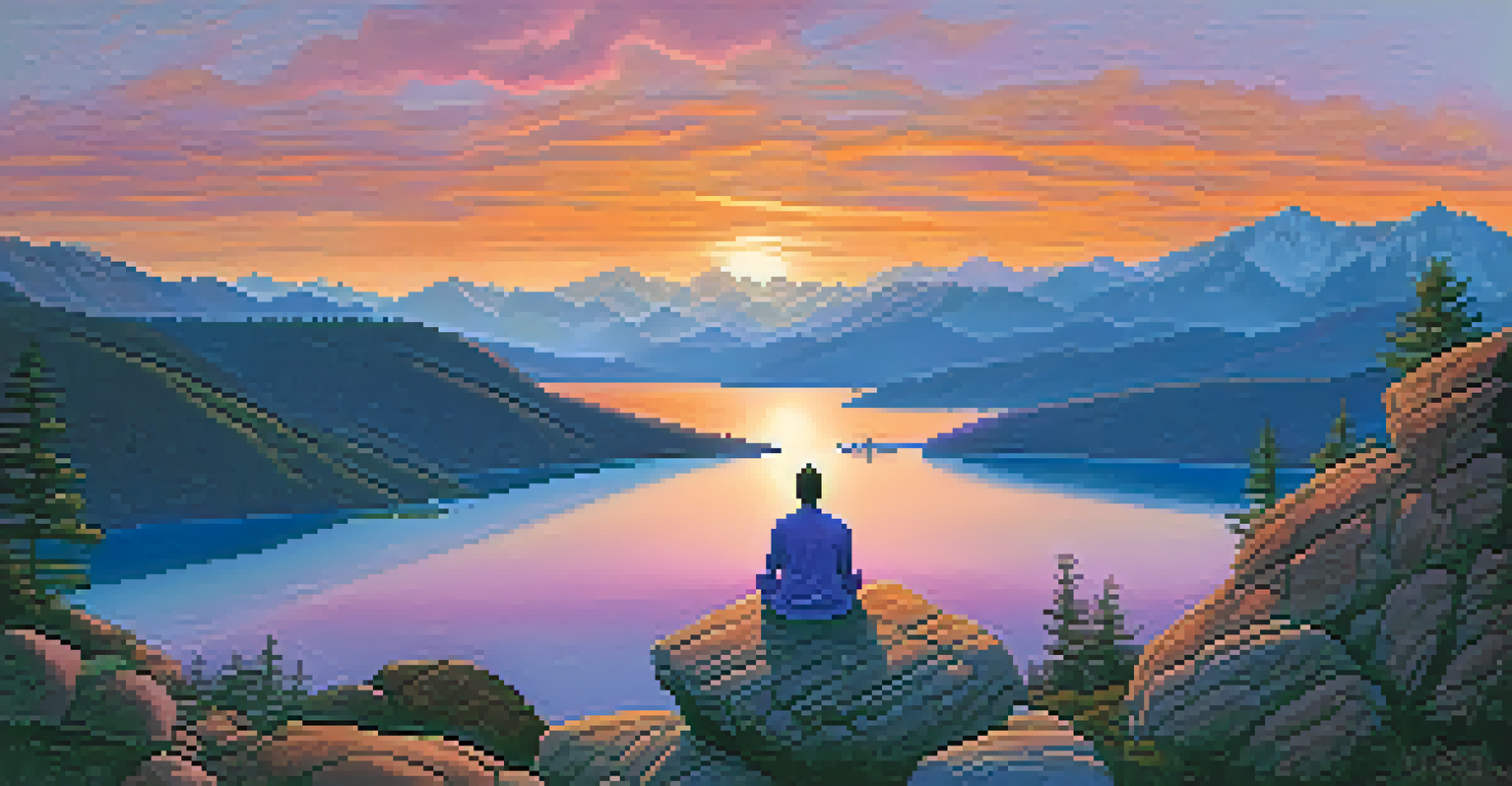 A person meditating on a cliff at sunset, overlooking mountains and a lake.