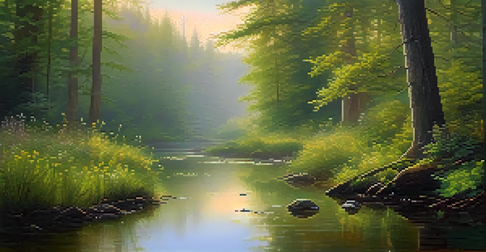 A peaceful forest at dawn with mist, sunlight filtering through trees, a stream, and blooming wildflowers.