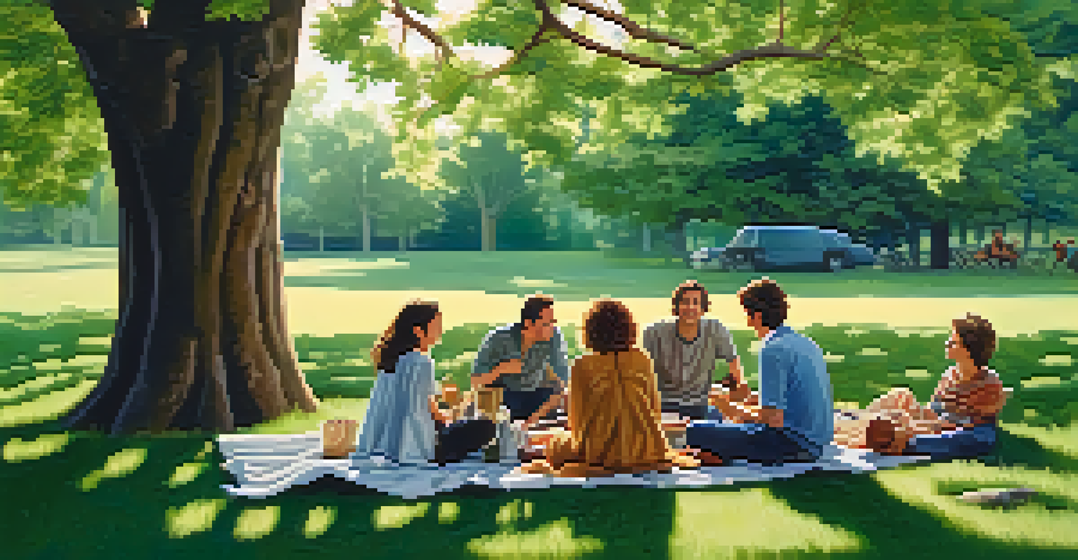 A group of friends sitting on a blanket under a tree, enjoying each other's company in a natural setting.